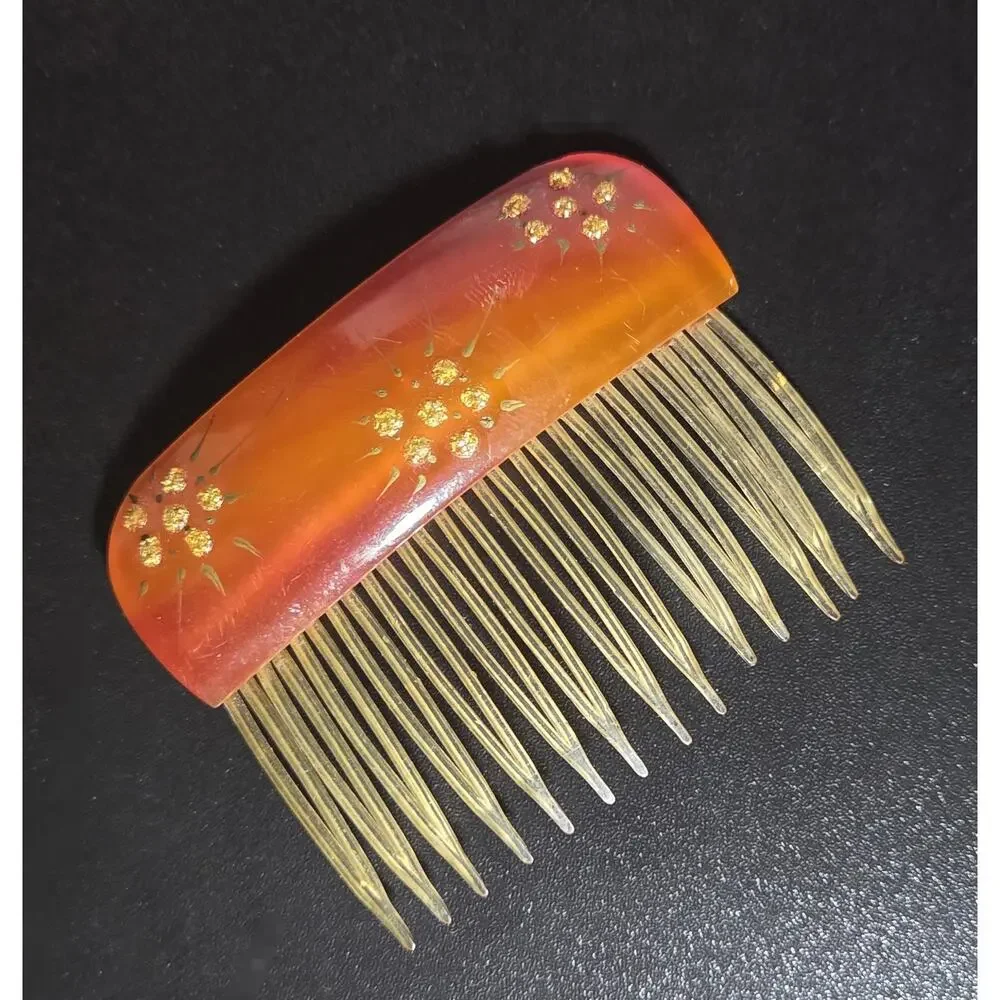Vintage Hair Combs 1960s Acrylic or Celluloid Hand Painted Glitter Accents